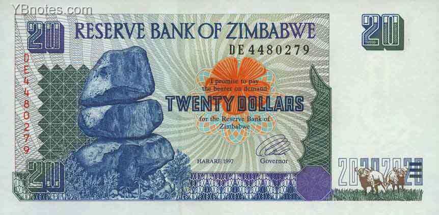 津巴布韦 Pick 07 1997年版20 Dollars 纸钞 147X72
