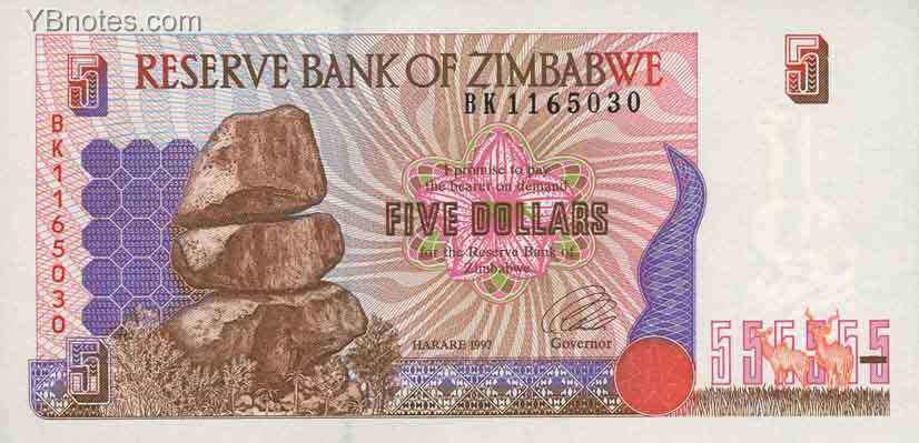津巴布韦 Pick 05b 1997年版5 Dollars 纸钞 140X68