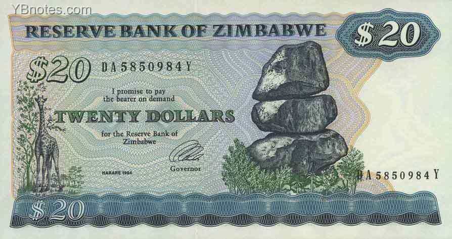 津巴布韦 Pick 04d 1994年版20 Dollars 纸钞 152X81
