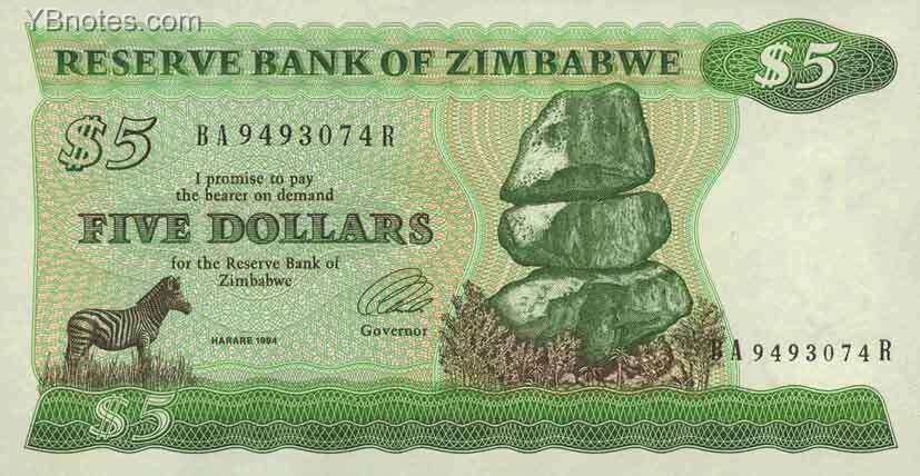 津巴布韦 Pick 02e 1994年版5 Dollars 纸钞 141X73