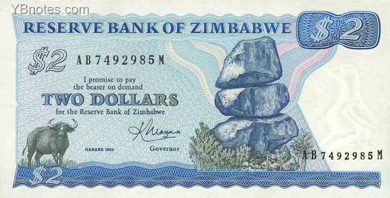 津巴布韦 Pick 01b 1983年版2 Dollars 纸钞 134X69