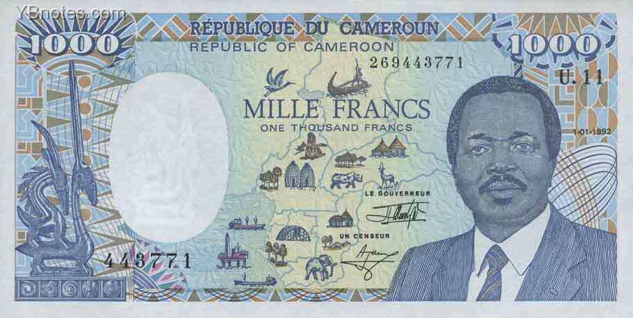 喀麦隆 Pick 26c 1992年版1000 Francs 纸钞 