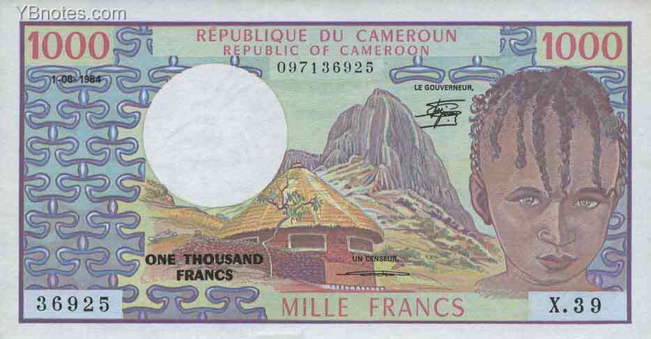 喀麦隆 Pick 21 1984年版1000 Francs 纸钞 