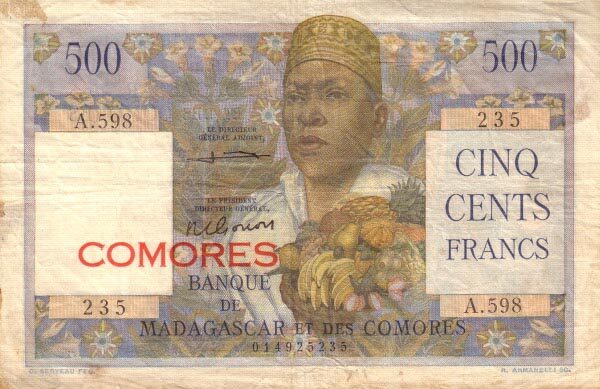 科摩罗 Pick 04b ND1960-63年版500 Francs 纸钞 