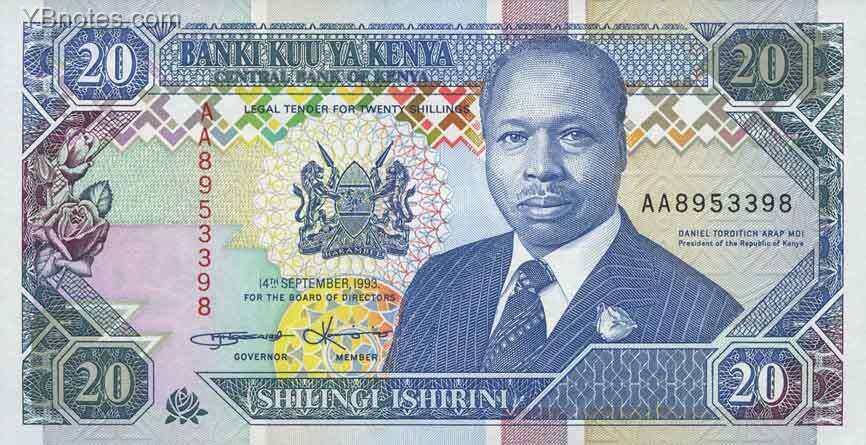 肯尼亚 Pick 31a 1993年版20 Shillings 纸钞 
