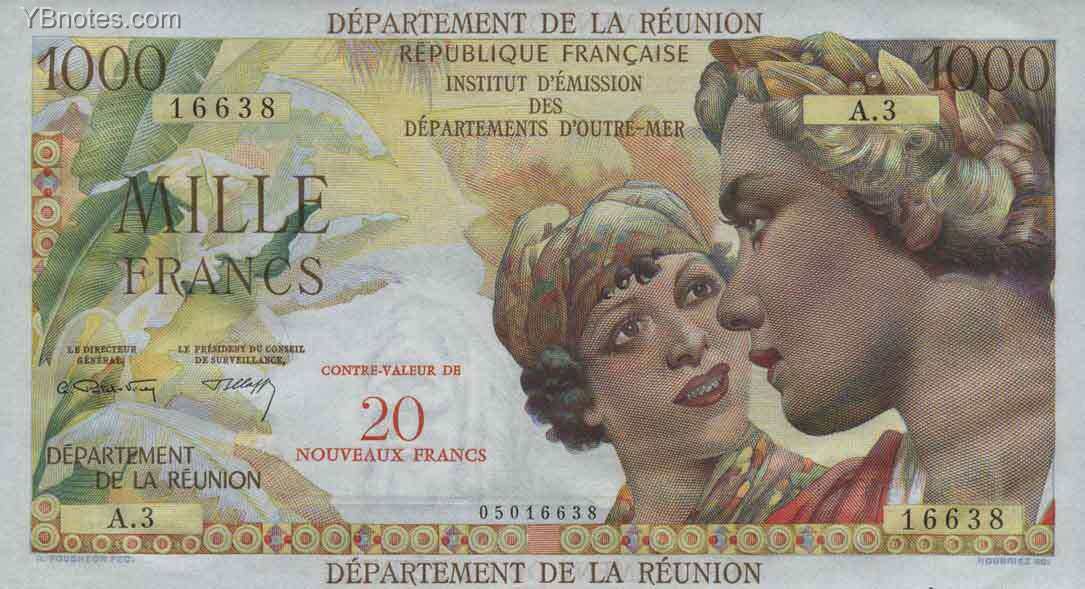 留尼旺 Pick 55b ND1971年版20 Nouveaux Francs 纸钞 