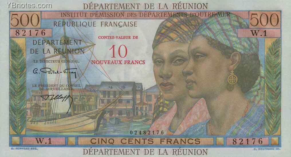 留尼旺 Pick 54b ND1971年版10 Nouveaux Francs 纸钞 