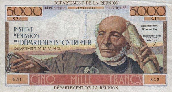 留尼旺 Pick 53a ND1965年版5000 Francs 纸钞 