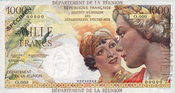 留尼旺 Pick 52s ND1964年版1000 Francs 纸钞 