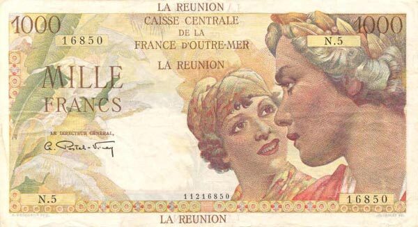留尼旺 Pick 47a ND1947年版1000 Francs 纸钞 