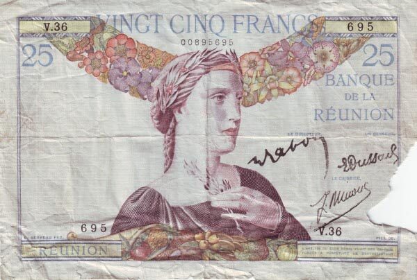 留尼旺 Pick 23 ND1930-44年版25 Francs 纸钞 
