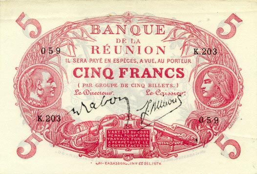 留尼旺 Pick 14 L.1901年版5 Francs 纸钞 
