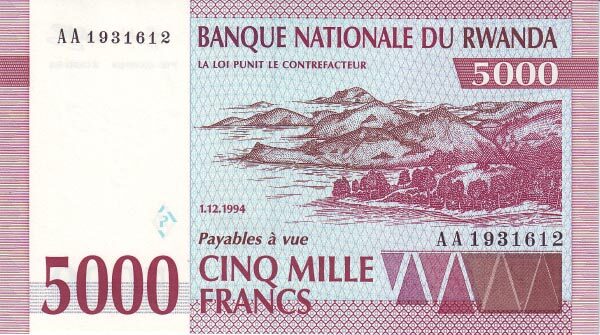 卢旺达 Pick 25 1994.12.1年版5000 Francs 纸钞 