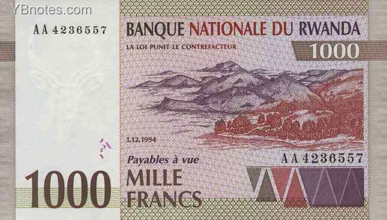 卢旺达 Pick 24 1994年版1000 Francs 纸钞 