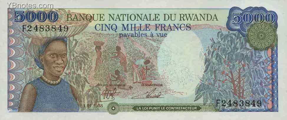 卢旺达 Pick 22 1988年版5000 Francs 纸钞 