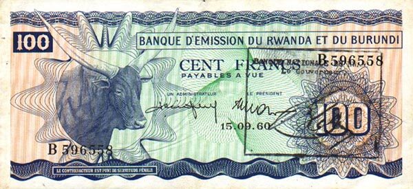 卢旺达 Pick 03a ND1962年版100 Francs 纸钞 