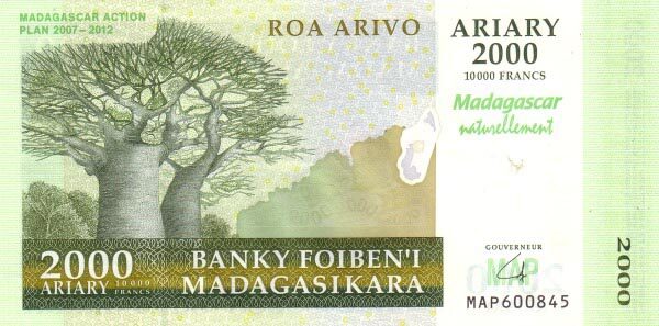 马达加斯加 Pick 93 2007年版2000 Ariary 纸钞 145x72