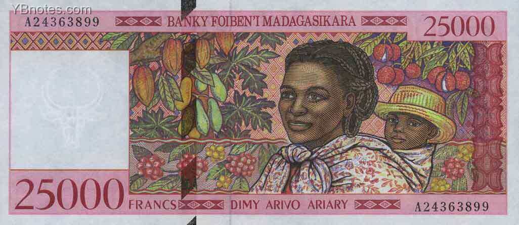 马达加斯加 Pick 82 ND1998年版25000 Francs 纸钞 