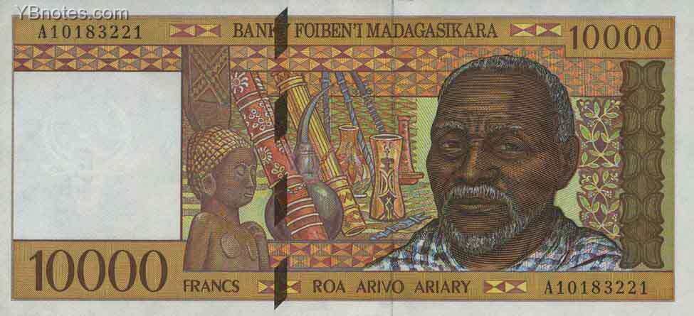 马达加斯加 Pick 79 ND1995年版10000 Francs 纸钞 