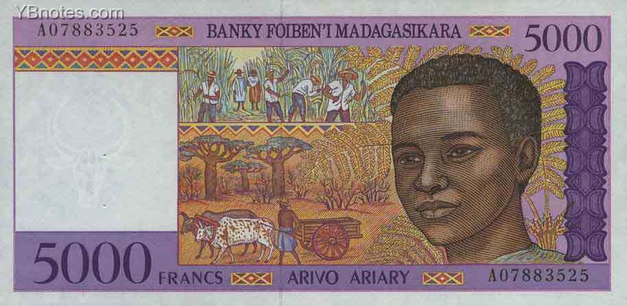 马达加斯加 Pick 78 ND1995年版5000 Francs 纸钞 