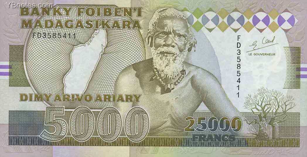 马达加斯加 Pick 74A ND1993年版25000 Francs 纸钞 