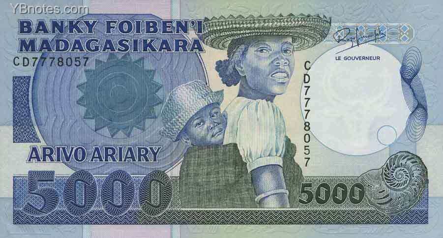 马达加斯加 Pick 73 ND1988-94年版5000 Francs 纸钞 