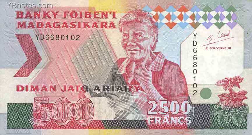 马达加斯加 Pick 72A ND1993年版2500 Francs 纸钞 