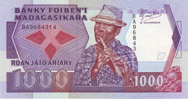 马达加斯加 Pick 72 ND1988-93年版1000 Francs 纸钞 