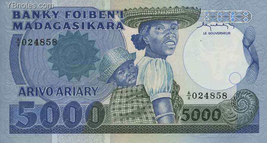 马达加斯加 Pick 69 ND1983-87年版5000 Francs 纸钞 