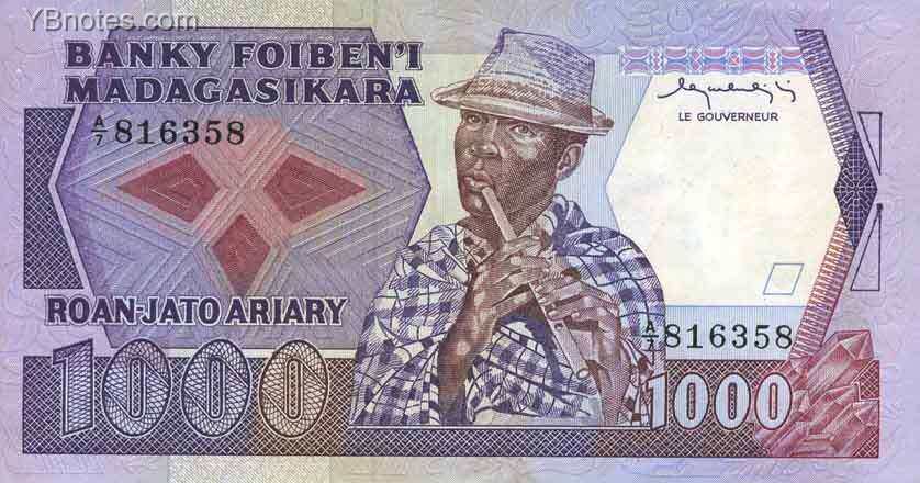 马达加斯加 Pick 68 ND1983-87年版1000 Francs 纸钞 