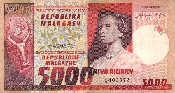 马达加斯加 Pick 66 ND1974-75年版5000 Francs 纸钞 