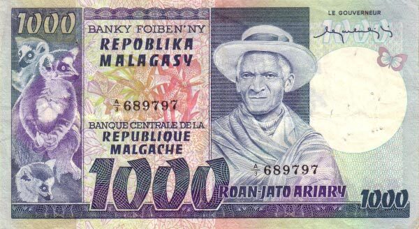 马达加斯加 Pick 65 ND1974-75年版1000 Francs 纸钞 