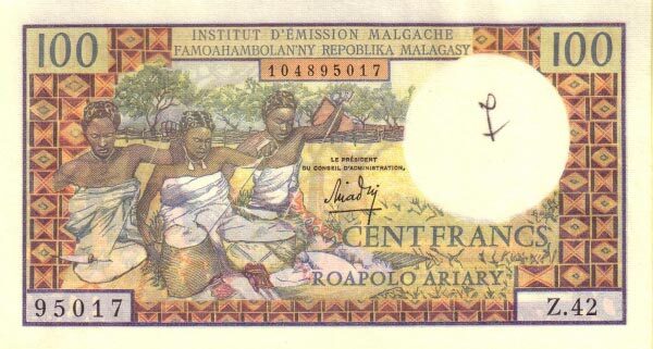 马达加斯加 Pick 57 ND1966年版100 Francs 纸钞 