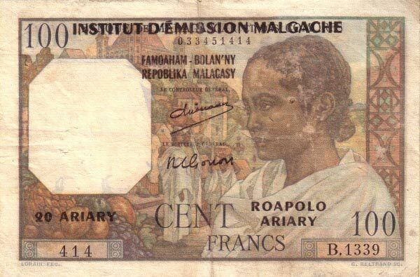 马达加斯加 Pick 52 ND1961年版100 Francs 纸钞 