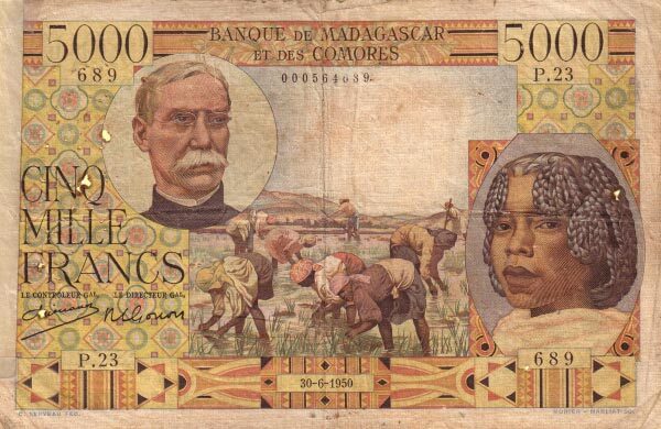 马达加斯加 Pick 49a 1950.6.30年版5000 Francs 纸钞 