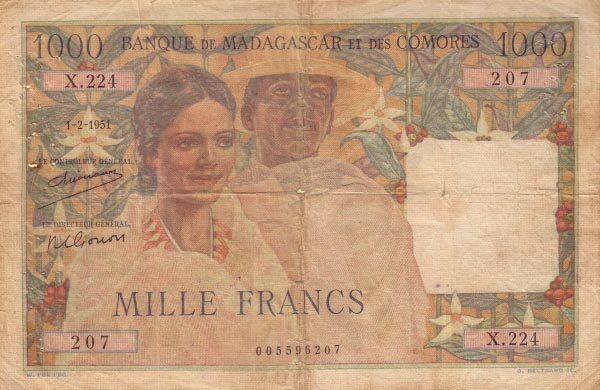 马达加斯加 Pick 48a 1951.2.1年版1000 Francs 纸钞 