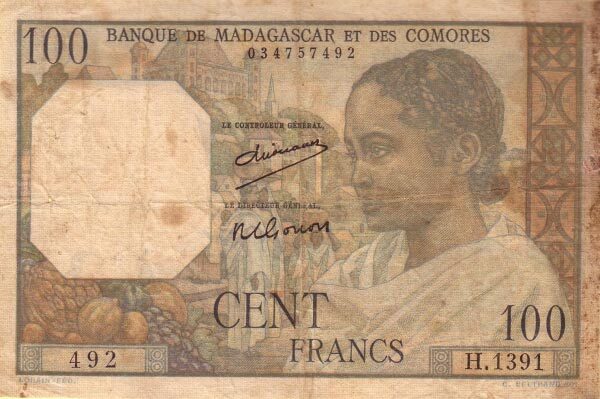 马达加斯加 Pick 46a ND1950-51年版100 Francs 纸钞 