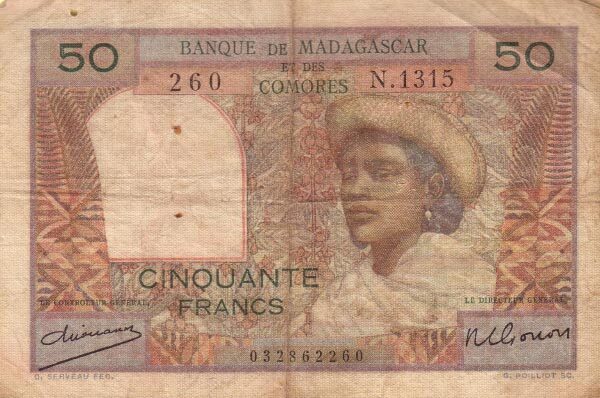 马达加斯加 Pick 45a ND1950-51年版50 Francs 纸钞 