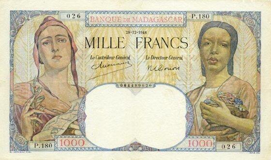 马达加斯加 Pick 41 1948.12.28年版1000 Francs 纸钞 