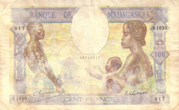 马达加斯加 Pick 40 ND1937年版100 Francs 纸钞 