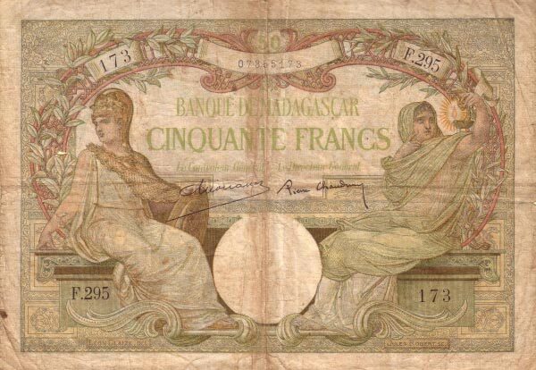 马达加斯加 Pick 38 ND1937-47年版50 Francs 纸钞 