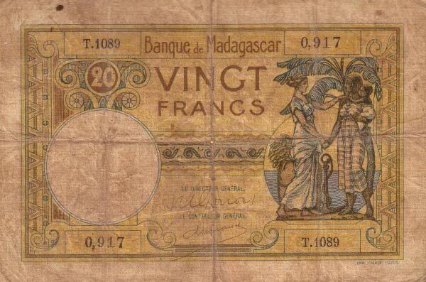 马达加斯加 Pick 37 ND1937-47年版20 Francs 纸钞 