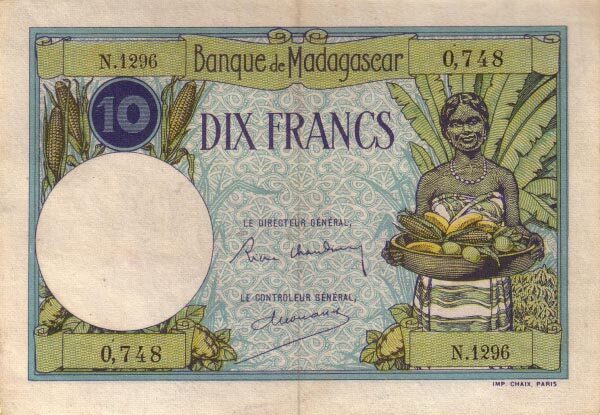 马达加斯加 Pick 36 ND1937-47年版10 Francs 纸钞 