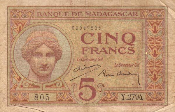 马达加斯加 Pick 35 ND1937年版5 Francs 纸钞 