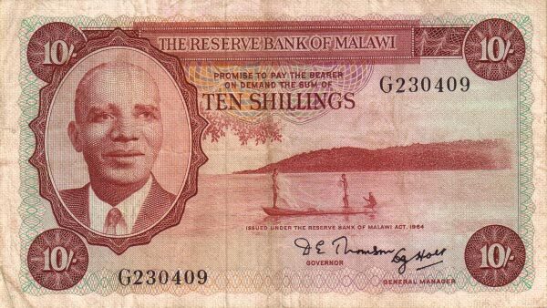 马拉维 Pick 02A L.1964年版10 Shillings 纸钞 