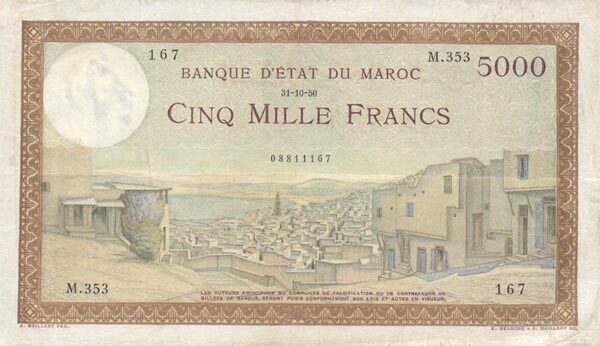 摩洛哥 Pick 23c 1950.10.31年版5000 Francs 纸钞 