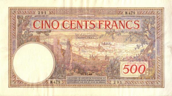 摩洛哥 Pick 15b 1948.11.10年版500 Francs 纸钞 