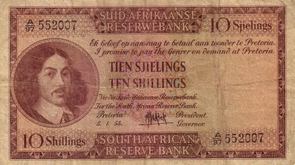 南非 Pick 091d 1955.1.5年版10 Shillings 纸钞 