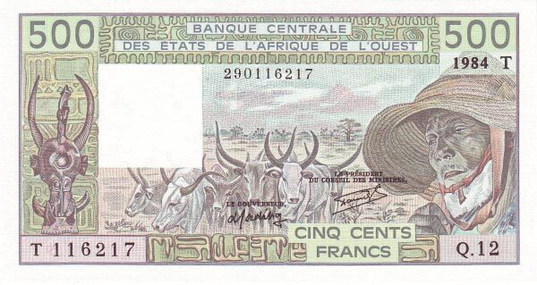 西非货币联盟 Pick 806Tg 1984年版500 Francs 纸钞 