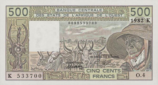 西非货币联盟 Pick 705Kd 1982年版500 Francs 纸钞 